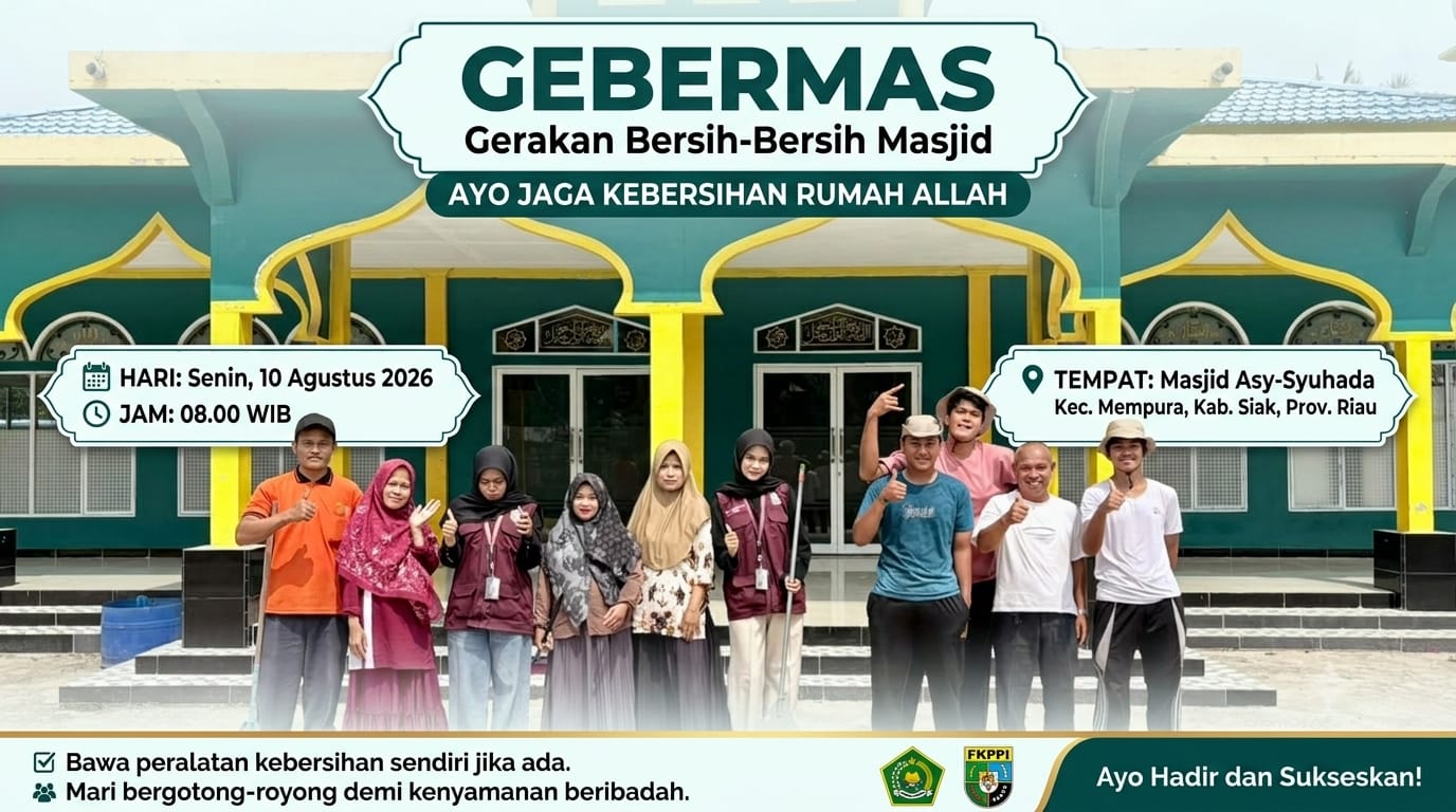 Gerakan Bersih-Bersih Masjid di MASJID ASY-SYUHADA', Kecamatan Mempura — Aksi Penyuluh Agama Islam, Pengurus Masjid, KKN UIN dan Masyarakat Sekitar.
