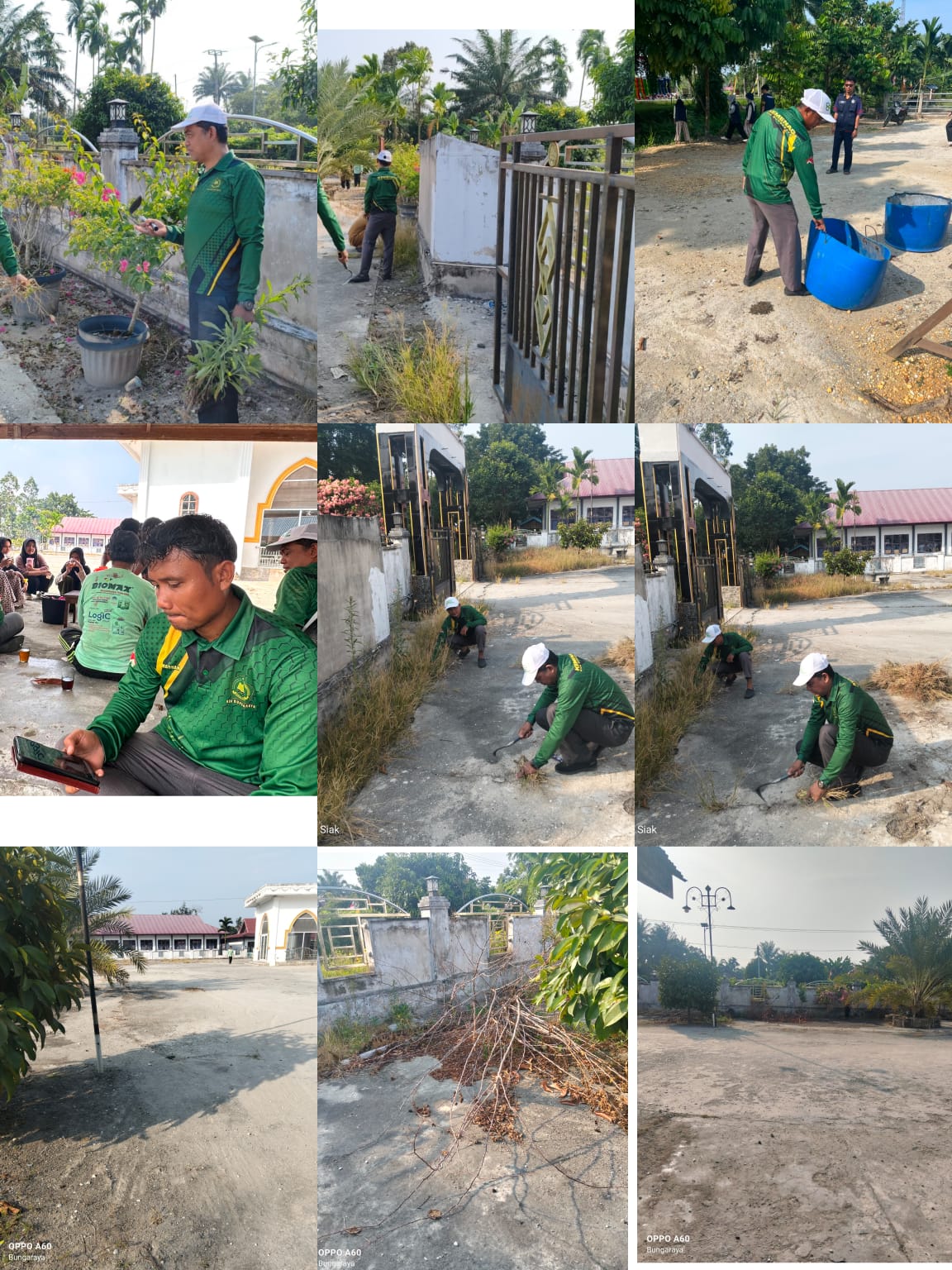 Gerakan Bersih-Bersih Masjid di Masjid Al-Muhajirin Bungaraya, Kecamatan Bunga Raya — Aksi Penyuluh Agama Islam KUA kecamatan Bungaraya Pengurus Masjid, Staf KUA Bungaraya dan Mahasiswa KKN UIN Susqa Riau